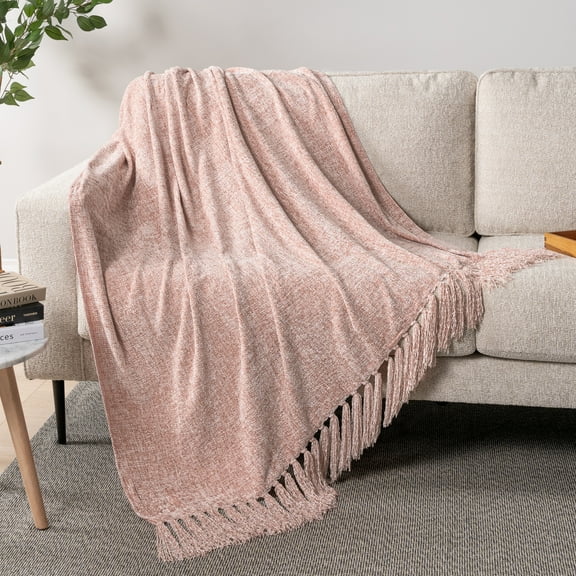 PAVILIA Blush Pink Chenille Throw Blanket for Couch, Soft Light Pink Knit Blanket with Tassel Fringe, Woven Chenille Knitted Decorative Blanket for Sofa Bed Living Room, Decor Gift, 50x60