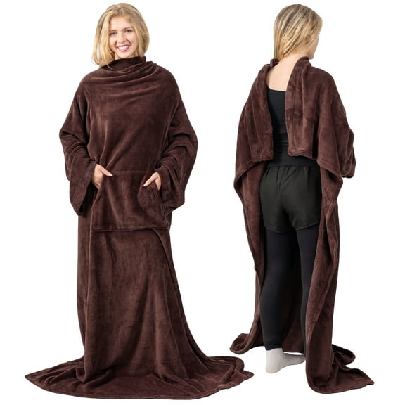PAVILIA Brown Fleece Wearable Blanket with Sleeves for Adults Women Men, Soft Warm Full Body Wrap Throw, Sweatshirt Pocket, Cozy Pullover Robe Blanket with Arm, Gifts for Christmas Mom Wife