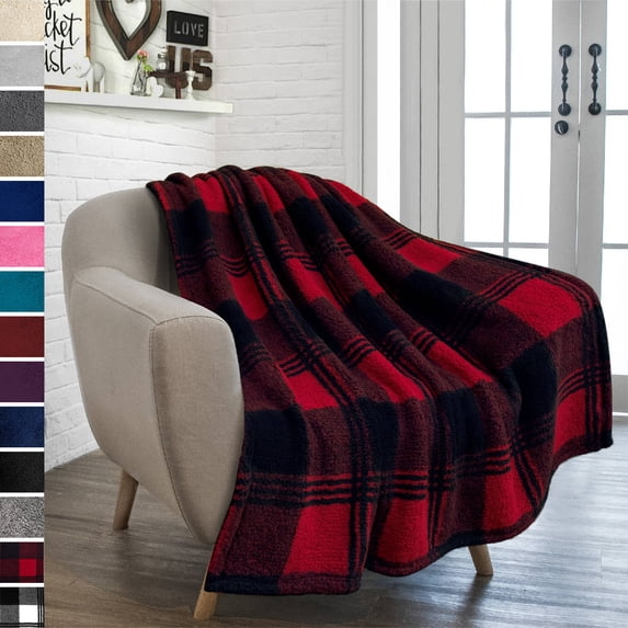 PAVILIA Buffalo Check Sherpa Throw Blanket | Black Red Checkered Plaid Fuzzy Blanket | Soft Fluffy Shaggy Microfiber Blanket for Couch Sofa | 50x60 Inches Checker Red