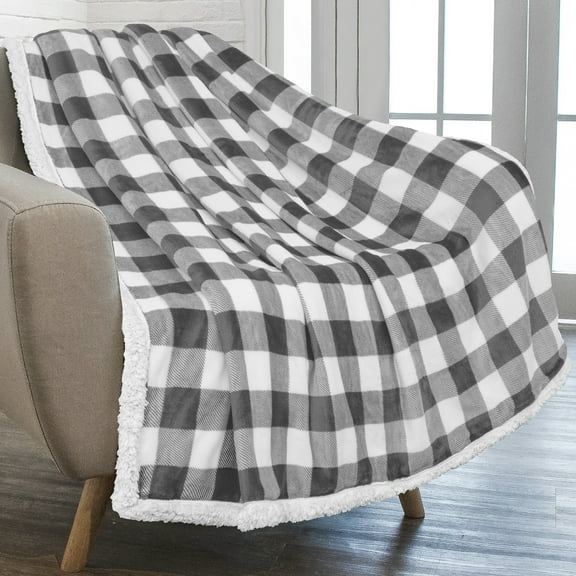 PAVILIA Buffalo Plaid Sherpa Blanket Throw | Fuzzy White Light Gray Checkered Flannel Fleece Blanket for Couch Bed | Fluffy Warm Soft Plush Microfiber Blanket | 50x60