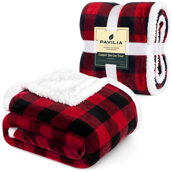 PAVILIA Twin Checkered Sherpa Blanket Couch Sofa Bed, Red Black,60x80