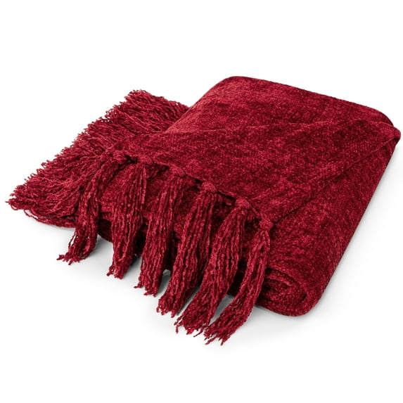 PAVILIA Burgundy Red Chenille Blanket for Twin Size Bed, Soft Dark Maroon Red Knit Blanket with Tassel Fringe, Woven Knitted Decorative Blanket for Sofa Couch Living Room Decor Gift, Twin 60x80
