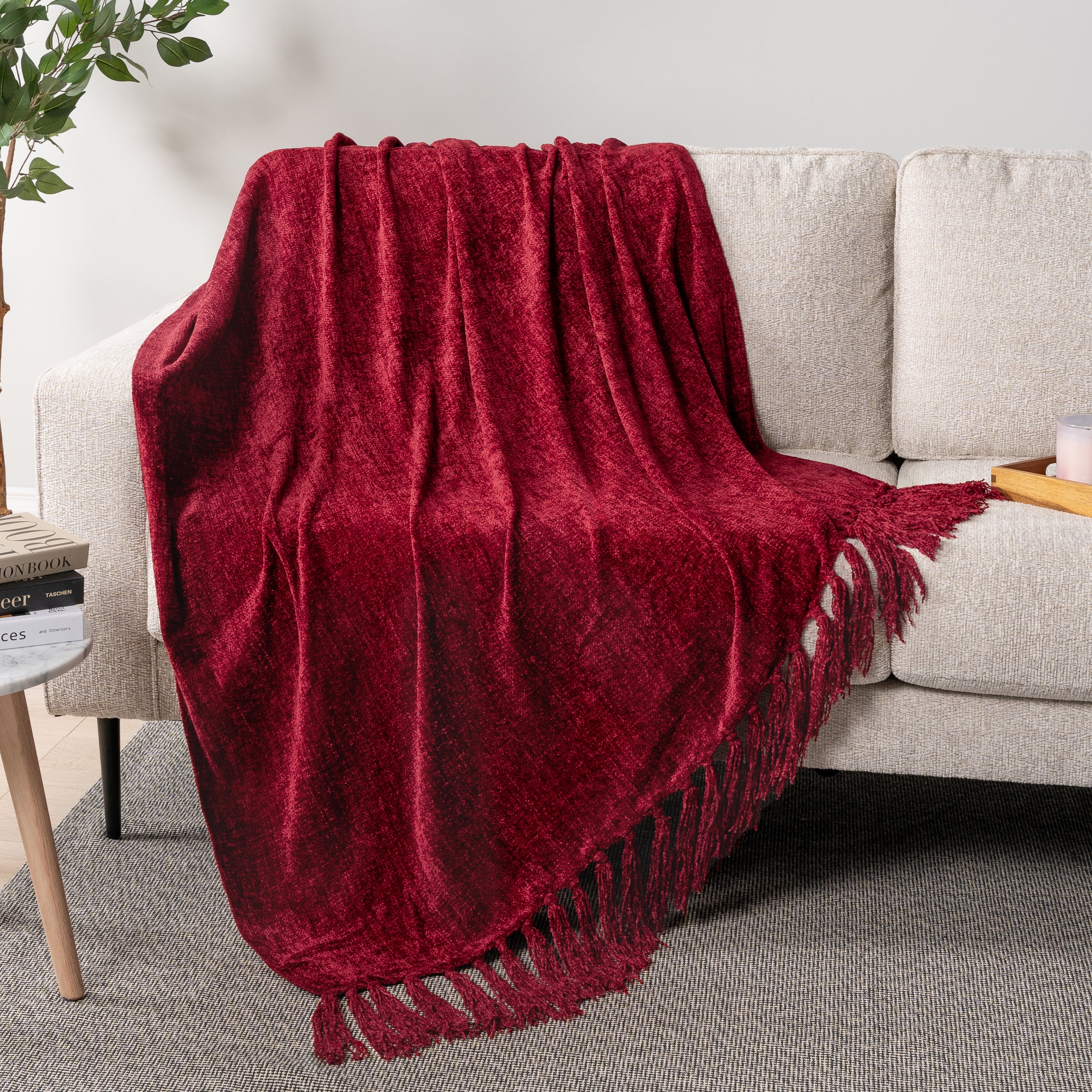 Burgundy Red Chenille Knitted Throw Blanket with Tassel Fringe