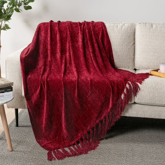 PAVILIA Burgundy Red Throw Blanket for Couch, Soft Wine Dark Maroon Red Knit Blanket with Tassel Fringe, Woven Chenille Knitted Decorative Blanket for Sofa Bed Living Room, Decor Gift, 50x60