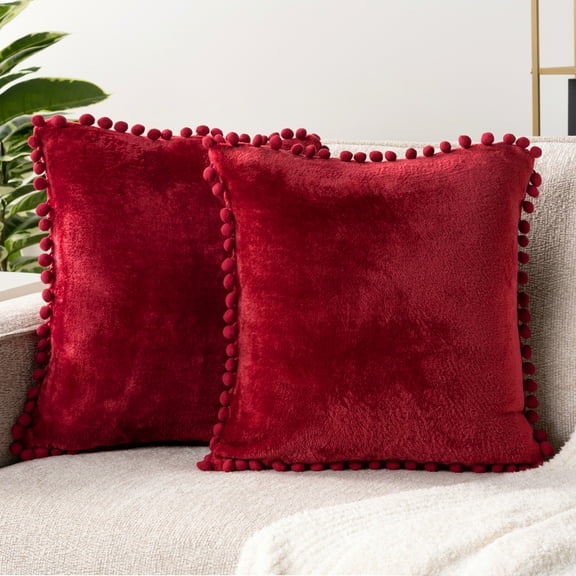 PAVILIA Burgundy Red Throw Pillow Covers with Pom Pom 18x18 Set of 2, Decorative Pillow Cases for Bedroom Aesthetic, Small Throw Pillows Set for Bed, Velvet Euro Plush Cushion Covers for Sofa Couch
