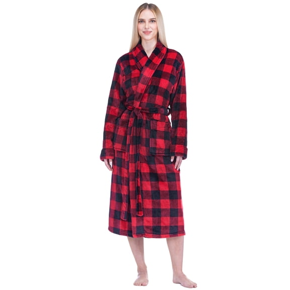 PAVILIA Checker Red Women Robe Fleece Plush Soft, Fluffy Fuzzy Cozy Warm Lightweight Bathrobe, Shower Spa House Long Robe for Women, S/M