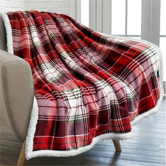 PAVILIA Christmas Plaid Blanket | Sherpa Fleece Flannel Throw Blanket | Christmas Plaid Warm Plush Microfiber Blanket for Couch Sofa | 50x60 Inches