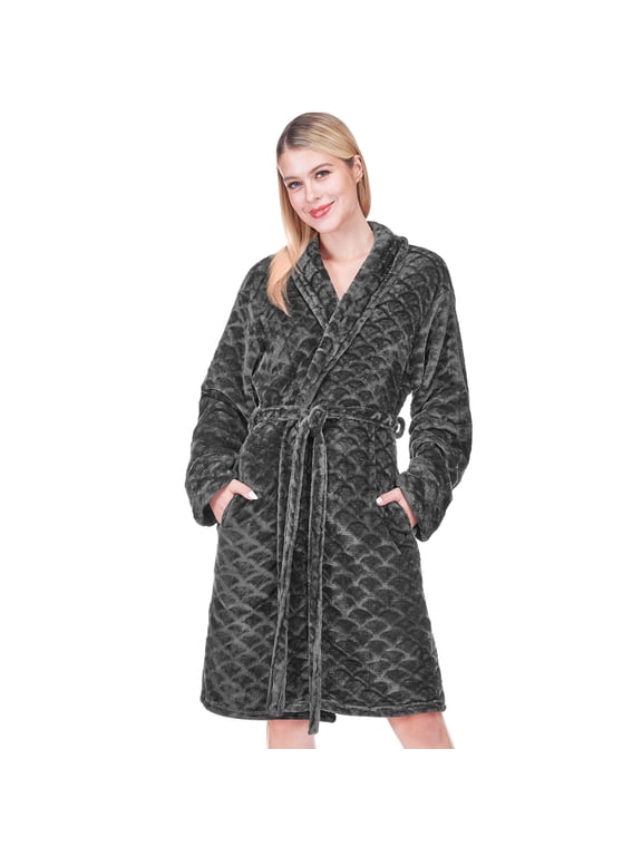 Dark Gray Plush Robe for Women, Soft Fleece Short Bathrobe, 2XL/3XL