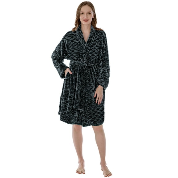 PAVILIA Dark Gray Short Robes for Women, Plush Soft Womens Bathrobe Lightweight, Fluffy Fuzzy Cozy Women’s Bath Robe Knee Length, Shower Spa House Kimono Robe, S/M