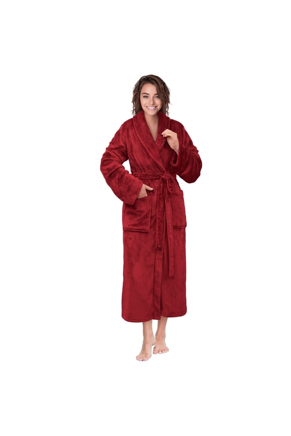 Dark Red Women Robe Fleece Plush Soft, Fluffy Fuzzy Cozy Warm Lightweight Bathrobe, Shower Spa House Long Robe for Women, L/XL