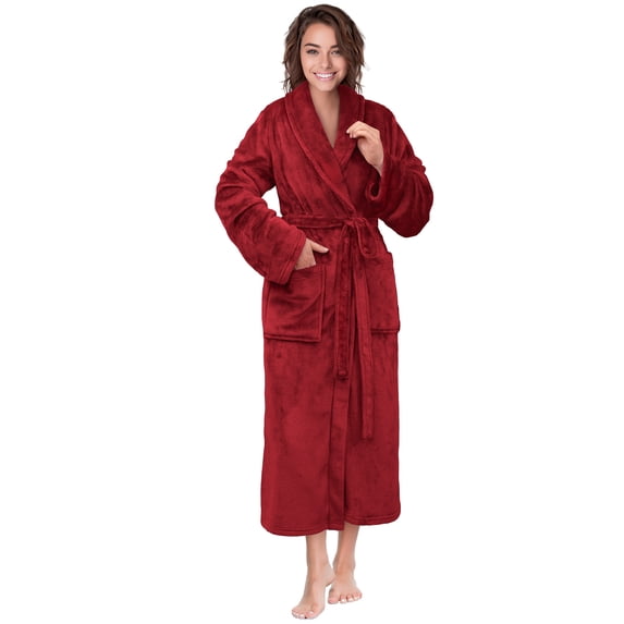 PAVILIA Dark Red Women Robe Fleece Plush Soft, Fluffy Fuzzy Cozy Warm Lightweight Bathrobe, Shower Spa House Long Robe for Women, S/M