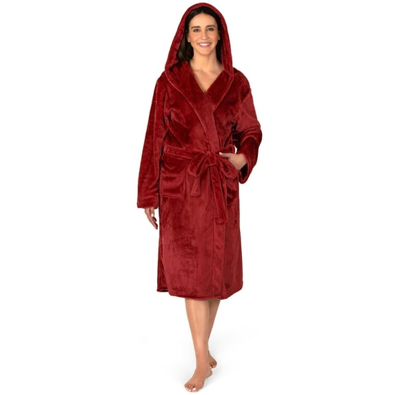 PAVILIA Dark Red Women Robe with Hood, Fleece Lightweight Soft Long Hooded Robe for Women, Plush Fuzzy Cozy Warm Bathrobe Shower Spa House, 2XL/3XL