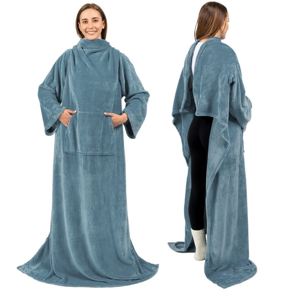 PAVILIA Dusty Blue Fleece Wearable Blanket with Sleeves for Adults Women Men, Soft Warm Full Body Wrap Throw, Sweatshirt Pocket, Cozy Pullover Robe Blanket with Arm, Gifts for Christmas Mom Wife
