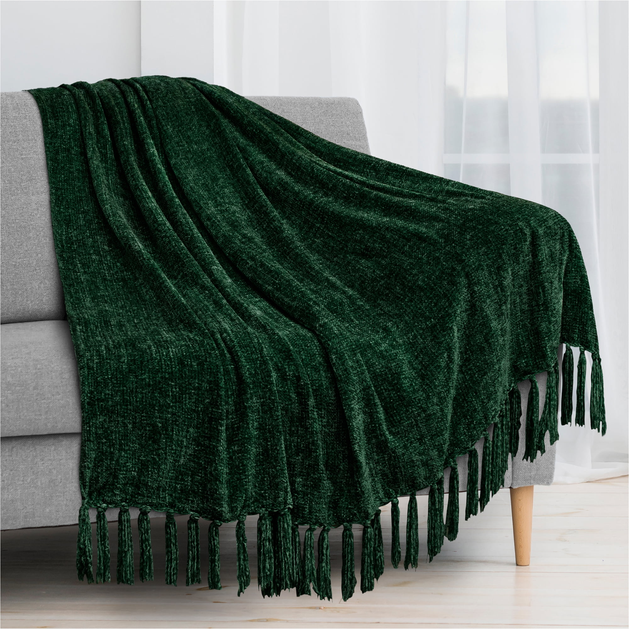 PAVILIA Emerald Green Chenille Throw Blanket for Couch Twin Size