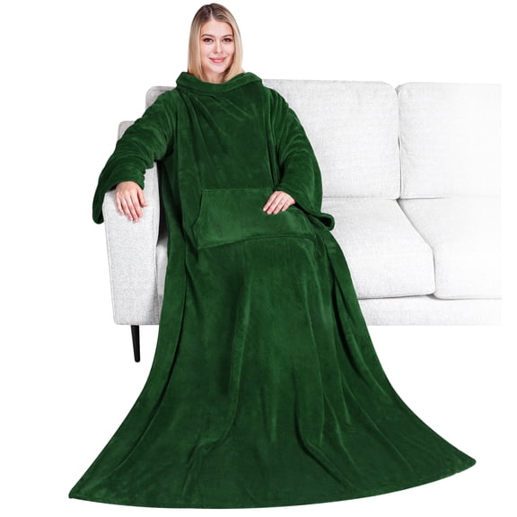 PAVILIA Emerald Green Fleece Wearable Blanket with Sleeves for Adults Women Men, Soft Warm Full Body Wrap Throw, Sweatshirt Pocket, Cozy Pullover Robe Blanket with Arm, Gifts for Christmas Mom Wife