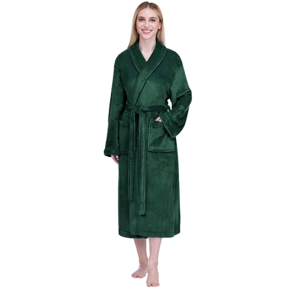 PAVILIA Emerald Green Women Robe Fleece Plush Soft, Fluffy Fuzzy Cozy Warm Lightweight Bathrobe, Shower Spa House Long Robe for Women, S/M