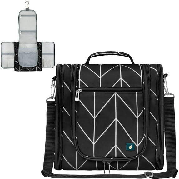 PAVILIA Extra Large Toiletry Bag Travel Bag for Women Men, Hanging Cosmetic Organizer, Water Resistant Makeup Bag for Accessories Toiletries, Travel Essentials Kit (Black Chevron)