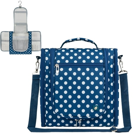 PAVILIA Extra Large Toiletry Bag Travel Bag for Women Men, Hanging Cosmetic Organizer, Water Resistant Makeup Bag for Accessories Toiletries, Travel Essentials Kit (Navy Polka Dot)
