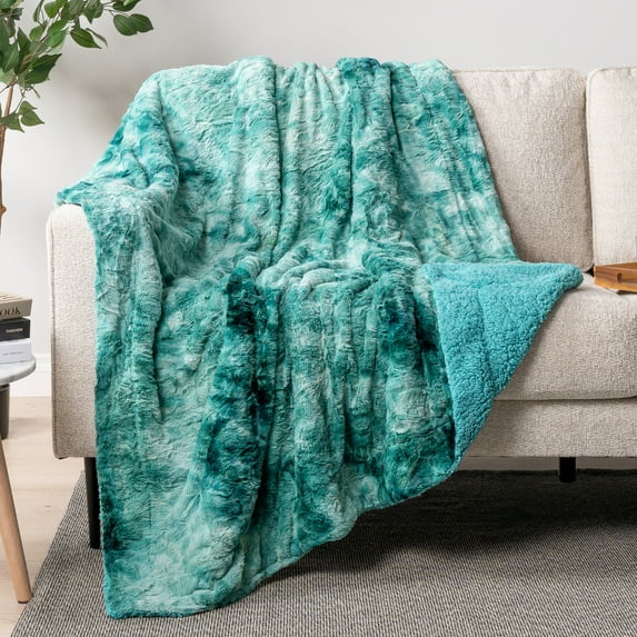 PAVILIA Faux Fur Throw Blanket Tie-Dye Turquoise, Soft Fuzzy Warm Sherpa Blankets & Throws for Bed, Fluffy Plush Thick Fleece Throw Blanket for Couch Sofa, Reversible Furry Shaggy Blanket, Teal 50x60