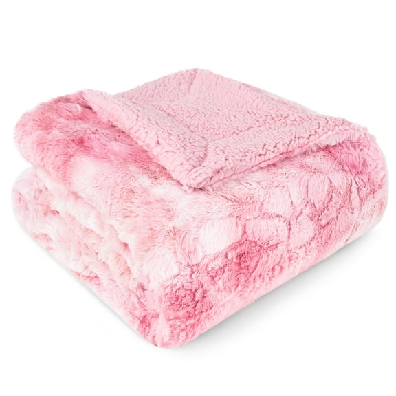 PAVILIA Faux Fur Throw Blanket Twin Tie-Dye Pink, Soft Warm Sherpa Blankets & Throws for Bed, Fluffy Plush Thick Fleece Throw Blanket for Couch Sofa, Reversible Furry Shaggy Blanket, Pink 60x80