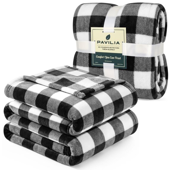 PAVILIA Black and White Buffalo Plaid Fleece Bed Blanket King Size, Soft Checkered Flannel Blanket for Sofa, Plaid Christmas Couch Throw Bed, Warm Cozy Decorative Blanket Fall Decor Gift, 90x108
