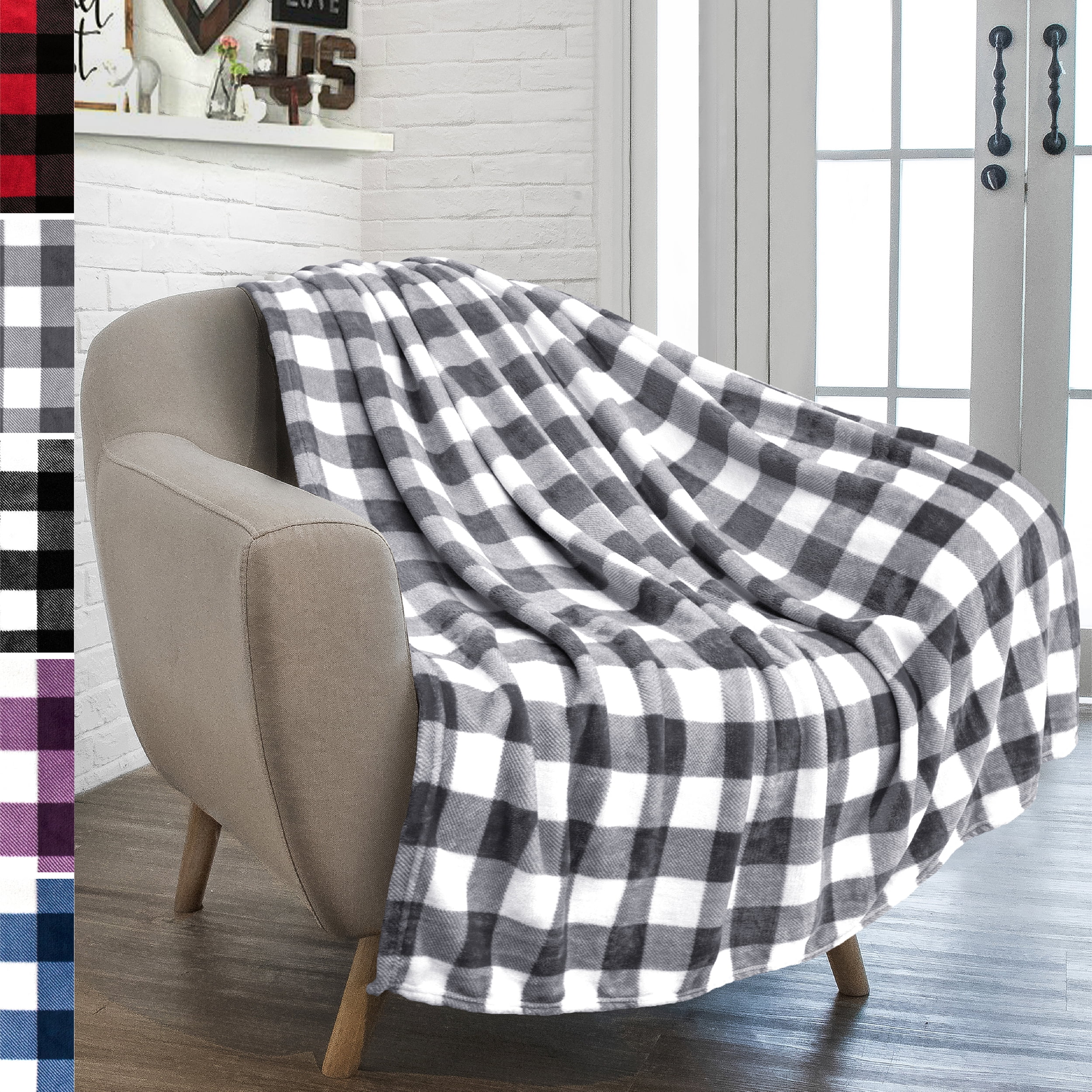 Plaid Grey and White Fleece Throw Blanket for Couch