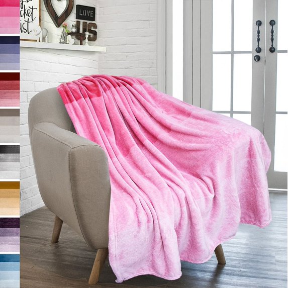 PAVILIA Flannel Fleece Ombre Throw Blanket for Couch | Soft Cozy Microfiber Couch Gradient Accent Blanket | Warm Lightweight Blanket for Sofa Chair Bed | All Season 50x60 Inches Pink