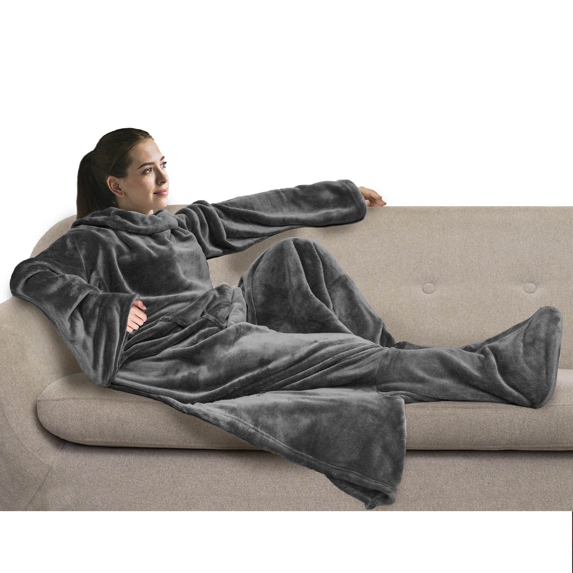 PAVILIA Fleece Blanket with Sleeves and Foot Pockets for Women Men