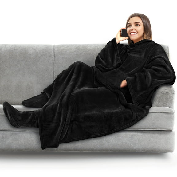PAVILIA Fleece Blanket with Sleeves, Foot Pockets for Women Men Adults, Plush Wearable Blanket Throw Wrap, Warm Snuggle Blanket Robe, Cozy Gift Ideas Wife Mom, Black