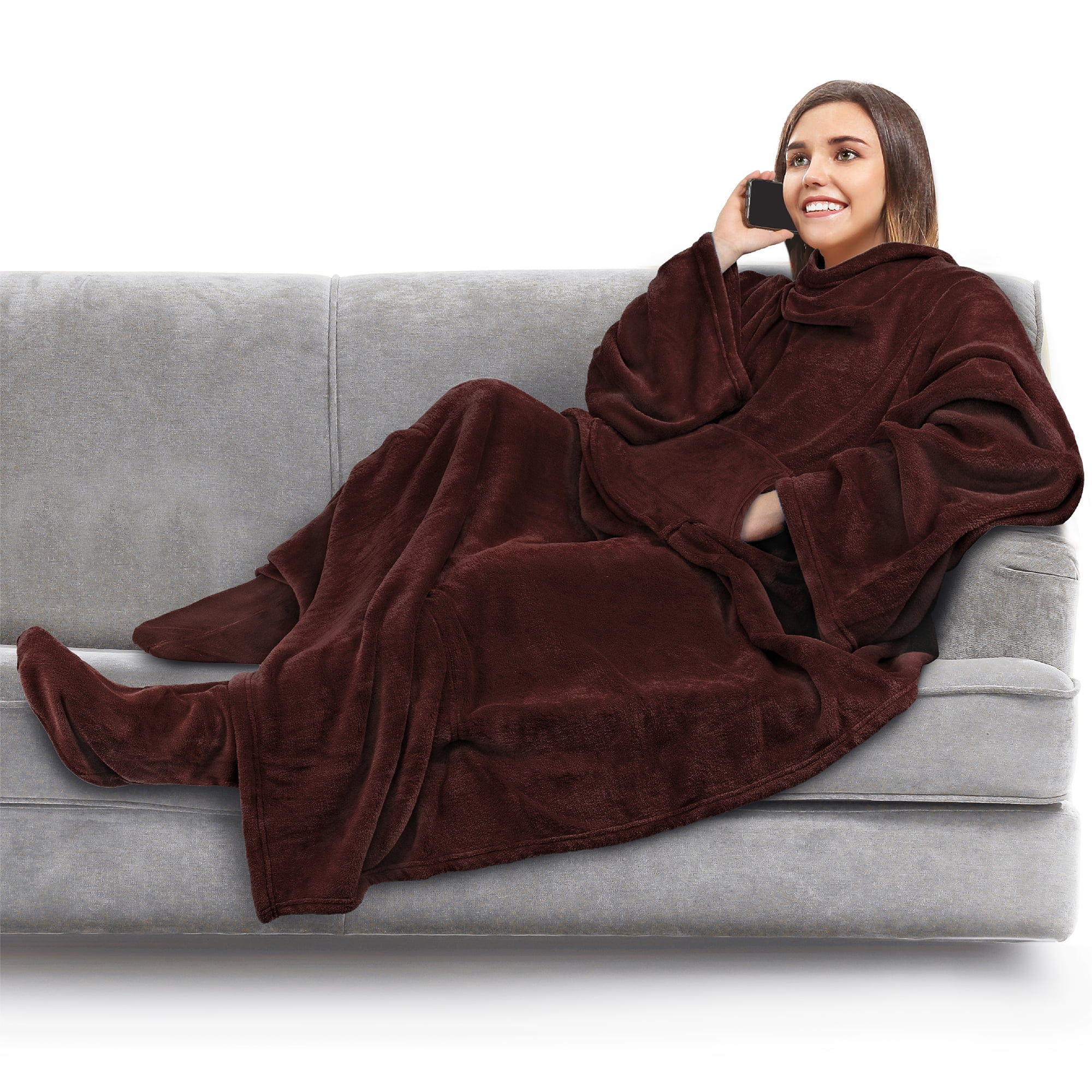 PAVILIA Fleece Blanket with Sleeves, Foot Pockets for Women Men Adults, Plush Wearable Blanket Throw Wrap, Warm Snuggle Blanket Robe, Cozy Gift Ideas Wife Mom, Brown