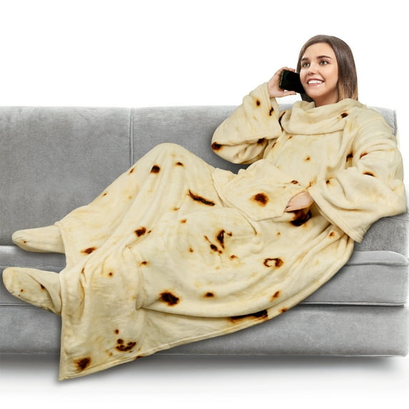PAVILIA Fleece Blanket with Sleeves, Foot Pockets for Women Men Adults, Plush Wearable Blanket Throw Wrap, Warm Snuggle Blanket Robe, Cozy Gift Ideas Wife Mom, Burrito Beige