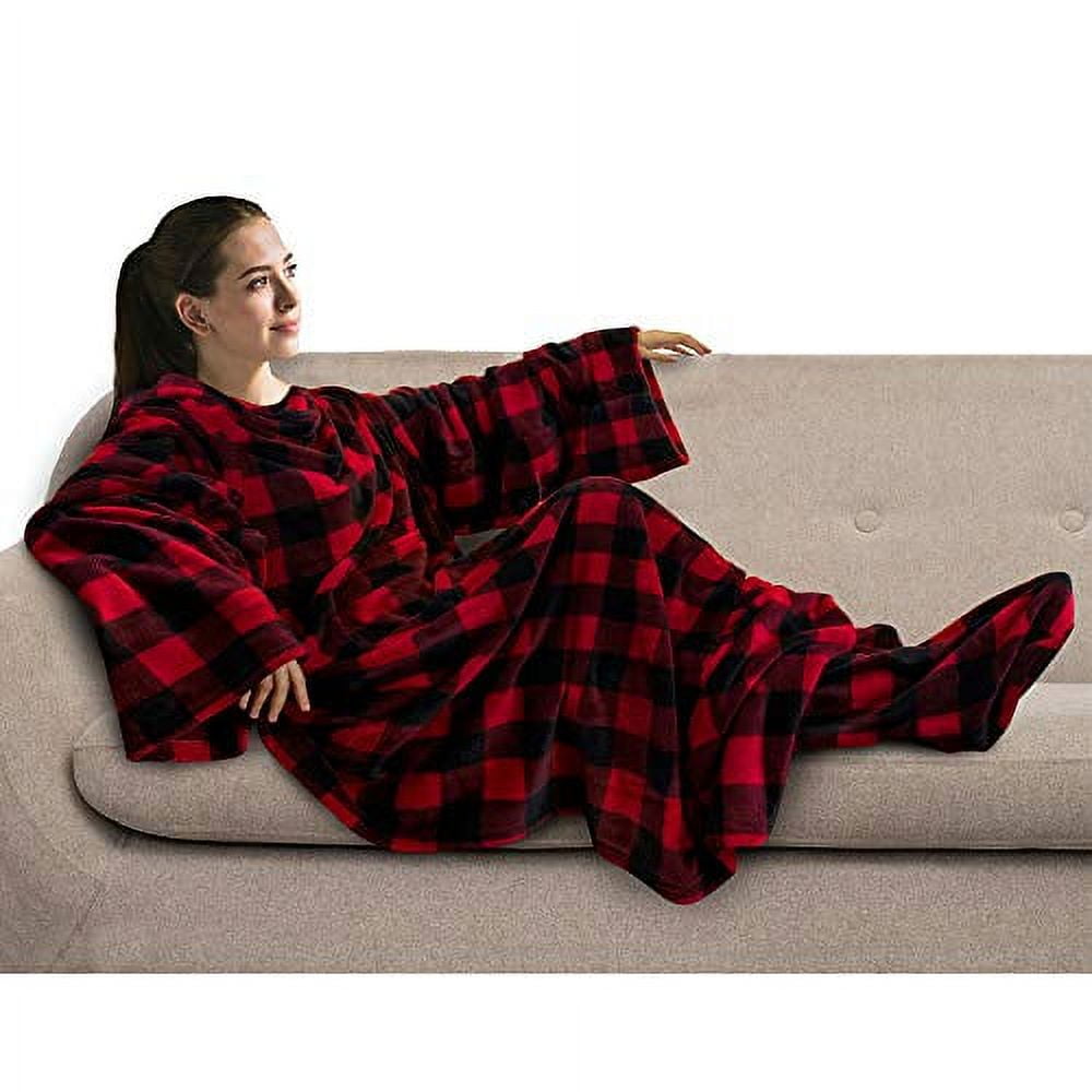 PAVILIA Fleece Blanket with Sleeves, Foot Pockets for Women Men Adults, Plush Wearable Blanket Throw Wrap, Warm Snuggle Blanket Robe, Cozy Gift Ideas Wife Mom, Checkered Red