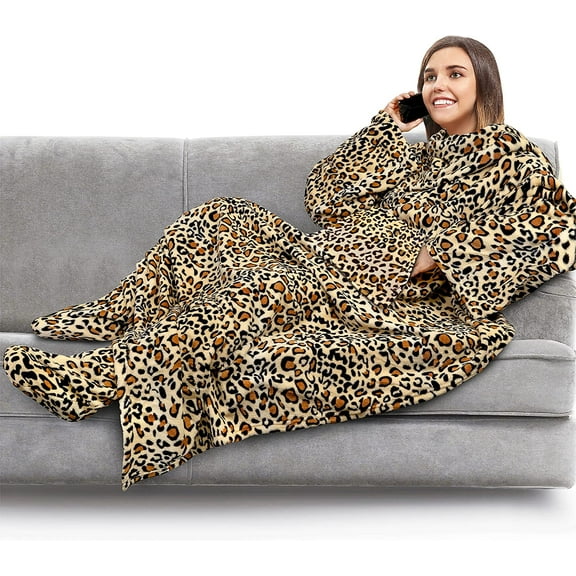PAVILIA Fleece Blanket with Sleeves, Foot Pockets for Women Men Adults, Plush Wearable Blanket Throw Wrap, Warm Snuggle Blanket Robe, Cozy Gift Ideas Wife Mom, Cheetah Print