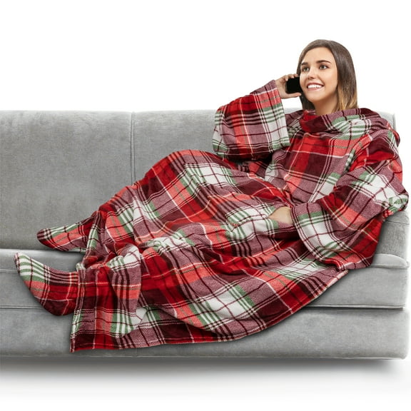 PAVILIA Fleece Blanket with Sleeves, Foot Pockets for Women Men Adults, Plush Wearable Blanket Throw Wrap, Warm Snuggle Blanket Robe, Cozy Gift Ideas Wife Mom, Christmas Plaid
