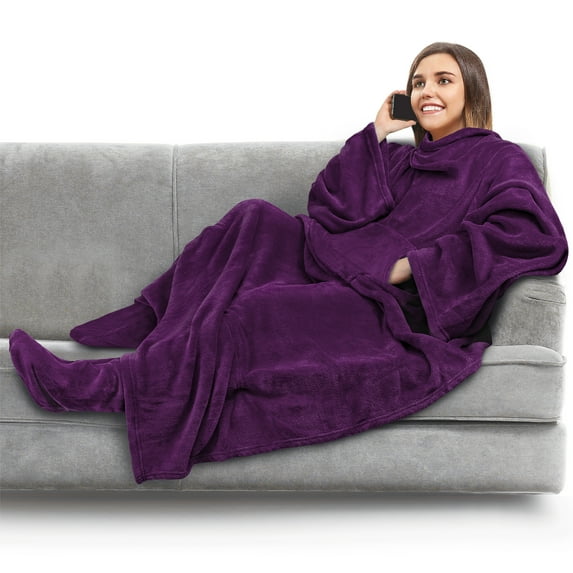 PAVILIA Fleece Blanket with Sleeves, Foot Pockets for Women Men Adults, Plush Wearable Blanket Throw Wrap, Warm Snuggle Blanket Robe, Cozy Gift Ideas Wife Mom, Dark Purple