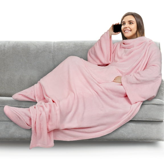 PAVILIA Fleece Blanket with Sleeves, Foot Pockets for Women Men Adults, Plush Wearable Blanket Throw Wrap, Warm Snuggle Blanket Robe, Cozy Gift Ideas Wife Mom, Light Pink
