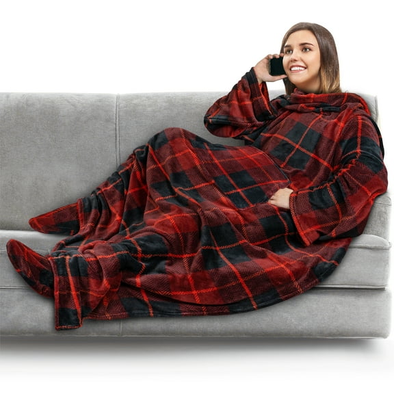 PAVILIA Fleece Blanket with Sleeves, Foot Pockets for Women Men Adults, Plush Wearable Blanket Throw Wrap, Warm Snuggle Blanket Robe, Cozy Gift Ideas Wife Mom, Plaid Red
