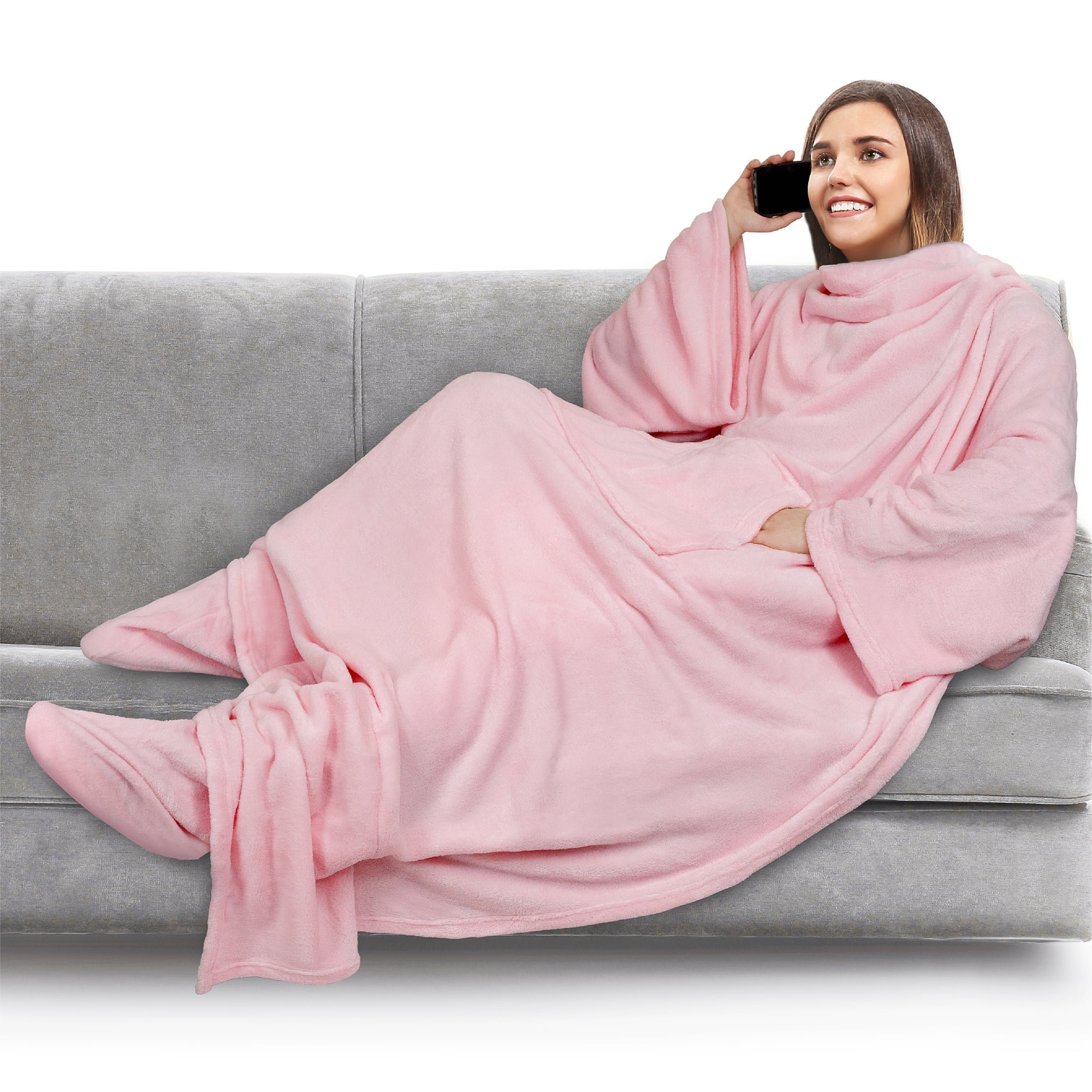 PAVILIA Fleece Blanket with Sleeves and Foot Pockets for Women Men Adults,  Wearable Blanket Sleeved Throw Wrap, Plush Hug Sleep Pod Snuggle Blanket  Robe, Cozy Gift Ideas Wife Mom, Light Pink -