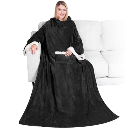PAVILIA Fleece Blanket with Sleeves for Women Men Adults, Wearable Blanket Warm Soft Plush, Snuggle Pocket Sleeved TV Throw Wrap, Cozy White Elephant Gifts Ideas for Mom Wife, Black