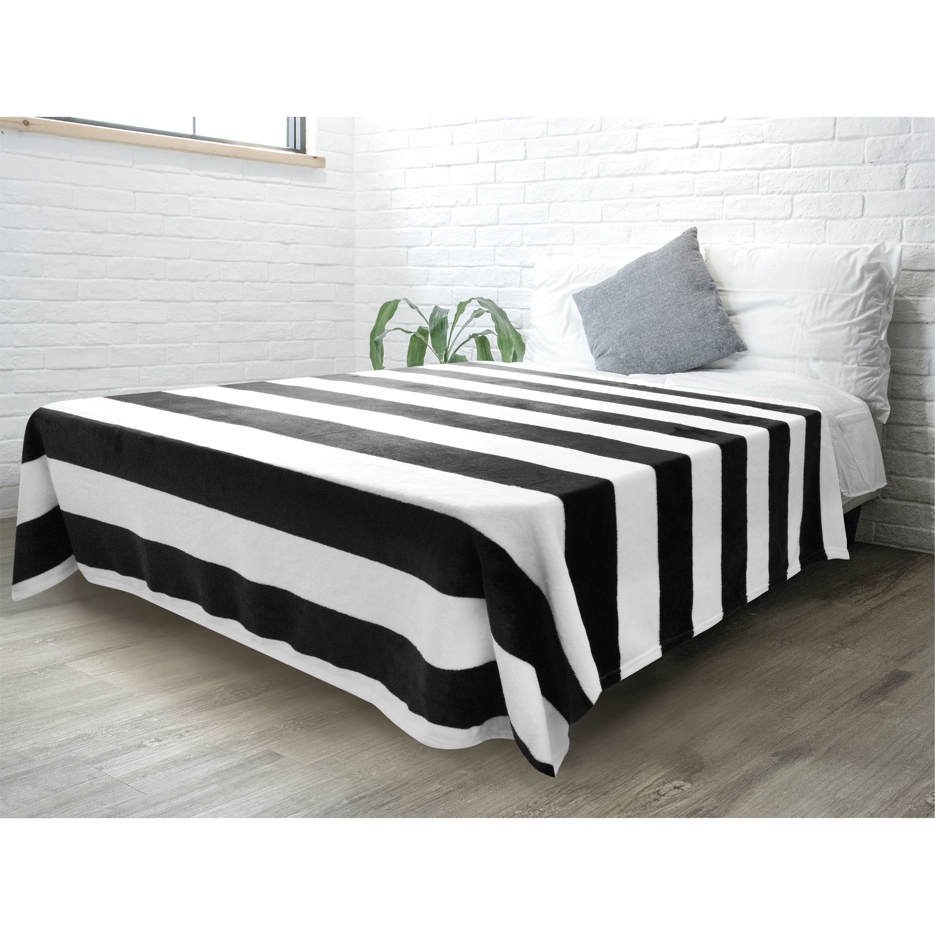 Twin Black and White Striped Fleece Blanket