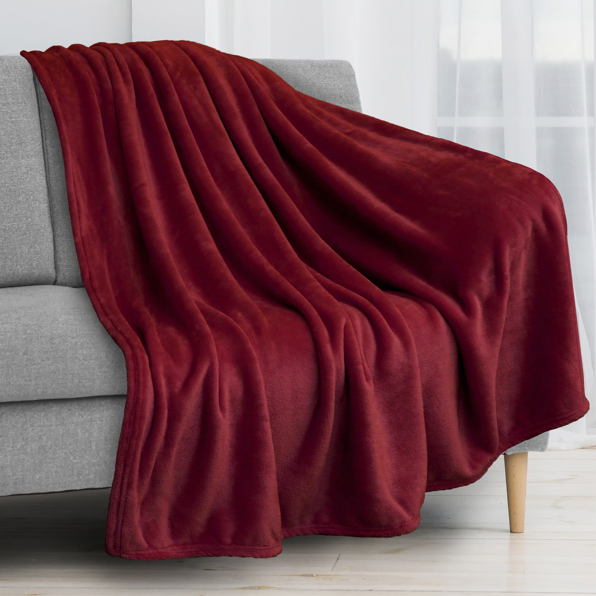 Wine Red Plush Fleece Throw Blanket for Sofa Couch