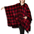 thumbnail image 1 of PAVILIA Fleece Poncho Blanket for Women |  Cozy Wearable Blanket Gift, Warm TV Shawl Sweater Cape with Pom Pom Fringe and Pockets, Gifts for Women (Buffalo Checker Red), 1 of 7