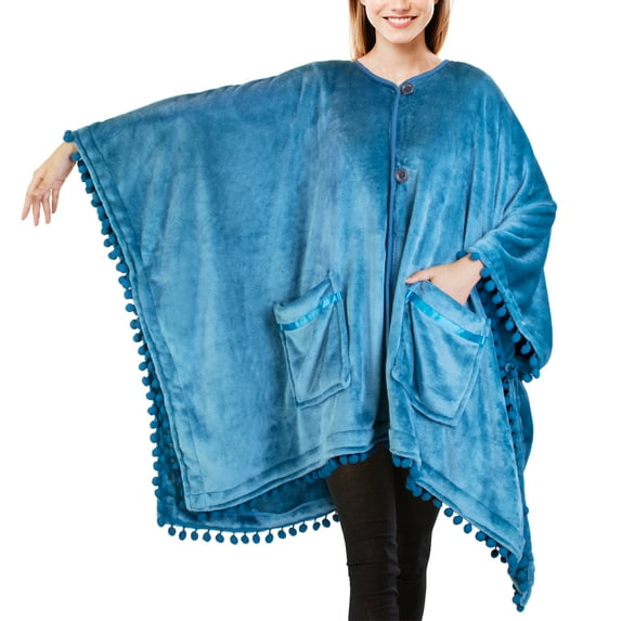 PAVILIA Fleece Poncho Blanket for Women | Cozy Wearable Blanket Gift, Warm TV Shawl Sweater Cape with Pom Pom Fringe and Pockets, Gifts for Women (Sea Blue)