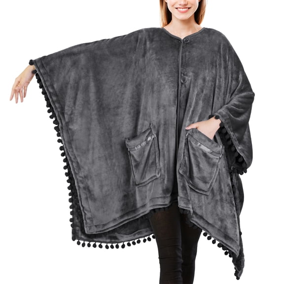 PAVILIA Fleece Poncho Blanket for Women | Cozy Wearable Blanket Gift, Warm TV Shawl Sweater Cape with Pom Pom Fringe and Pockets, Gifts for Women (Gray)