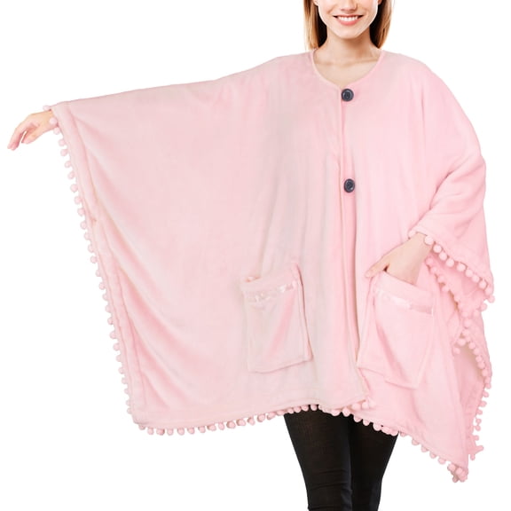 PAVILIA Fleece Poncho Blanket for Women |  Cozy Wearable Blanket Gift, Warm TV Shawl Sweater Cape with Pom Pom Fringe and Pockets, Gifts for Women  (Light Pink)