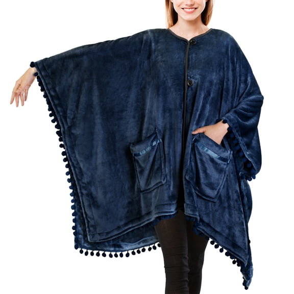 PAVILIA Fleece Poncho Blanket for Women | Cozy Wearable Blanket Gift, Warm TV Shawl Sweater Cape with Pom Pom Fringe and Pockets, Gifts for Women (Navy Blue)