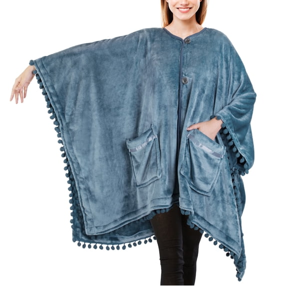 PAVILIA Fleece Poncho Blanket for Women | Wearable Blanket Gift, Warm TV Shawl Sweater Cape with Pom Pom Fringe and Pockets, Cozy Gifts for Women (Dusty Blue)