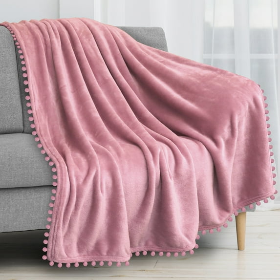 PAVILIA Fleece Throw Blanket for Couch with Pom Pom Fringe, Blush Pink, Soft Cozy Fuzzy Flannel Blanket for Sofa Bed, Lightweight Plush All Season Throw, 50x60 Inches