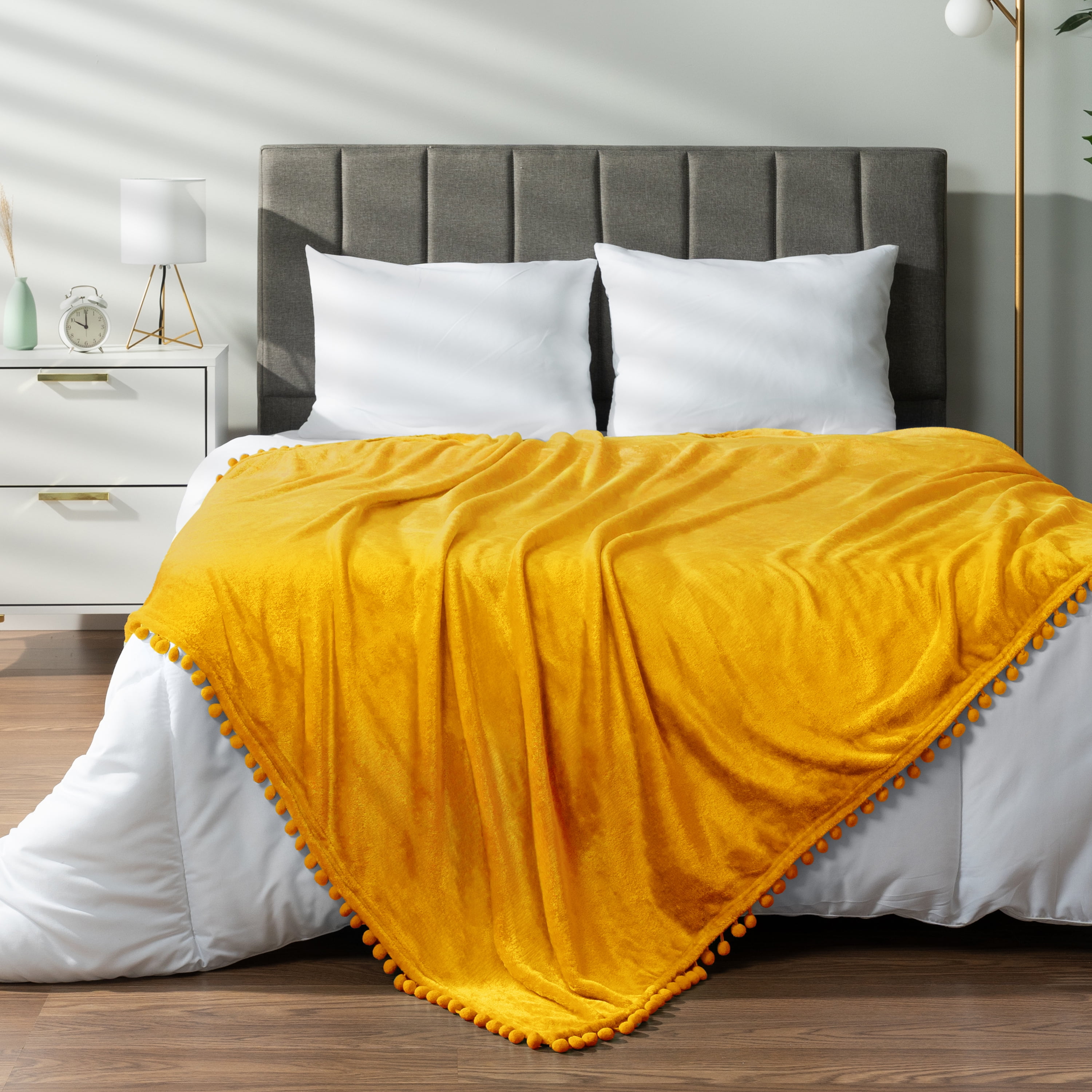 Cozy Mustard Yellow Twin Fleece Throw with Pom Pom Fringe