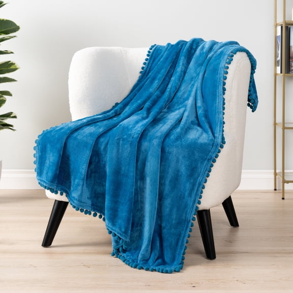 PAVILIA Fleece Throw Blanket for Couch with Pom Pom Fringe, Teal Blue, Soft Cozy Fuzzy Flannel Blanket for Sofa Bed, Lightweight Plush All Season Throw, 50x60 Inches